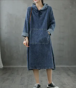 Denim Hooded Dress Autumn Cotton Linen Women Dresses DZA208232