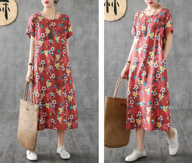 Floral Long Sleeve Summer Spring Linen Women loose Dresses DZA20663