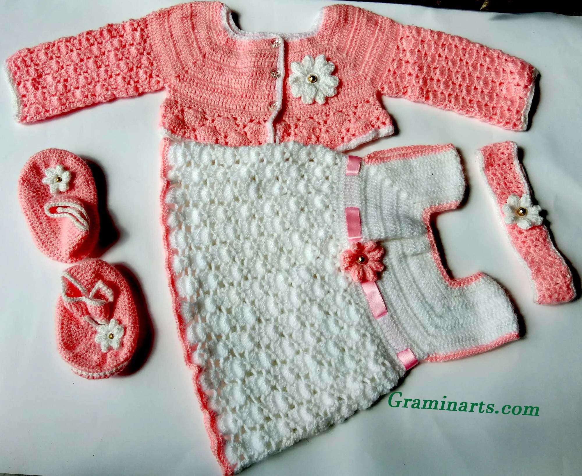 Handmade Woolen Crochet Baby Frock With Short Jacket Sweater Set (4Pcs Set) - White & Pink