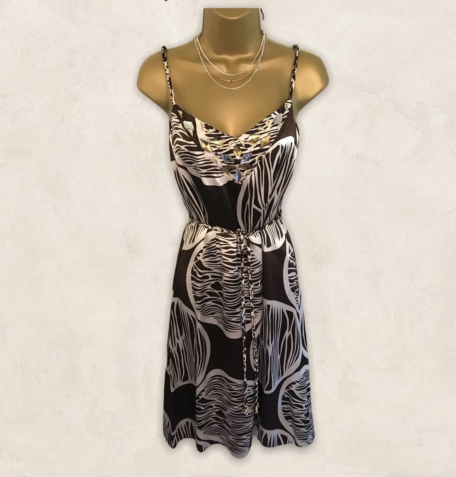 Monsoon Brown & Cream Silk Strappy  Venus Dress  UK 8 US 4 EU 36