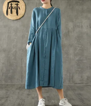 O Neck Long Sleeve Summer Spring Linen Women loose Dresses DZA20643