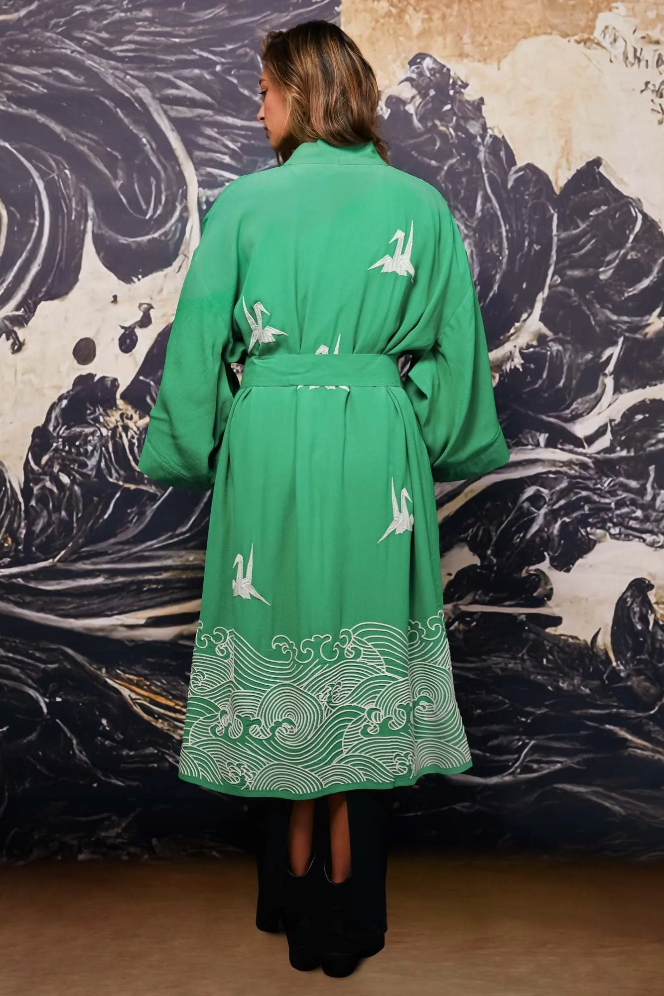 Origami and Hokusai Wave Embroidered Fully Lined Island Green Long Kimono