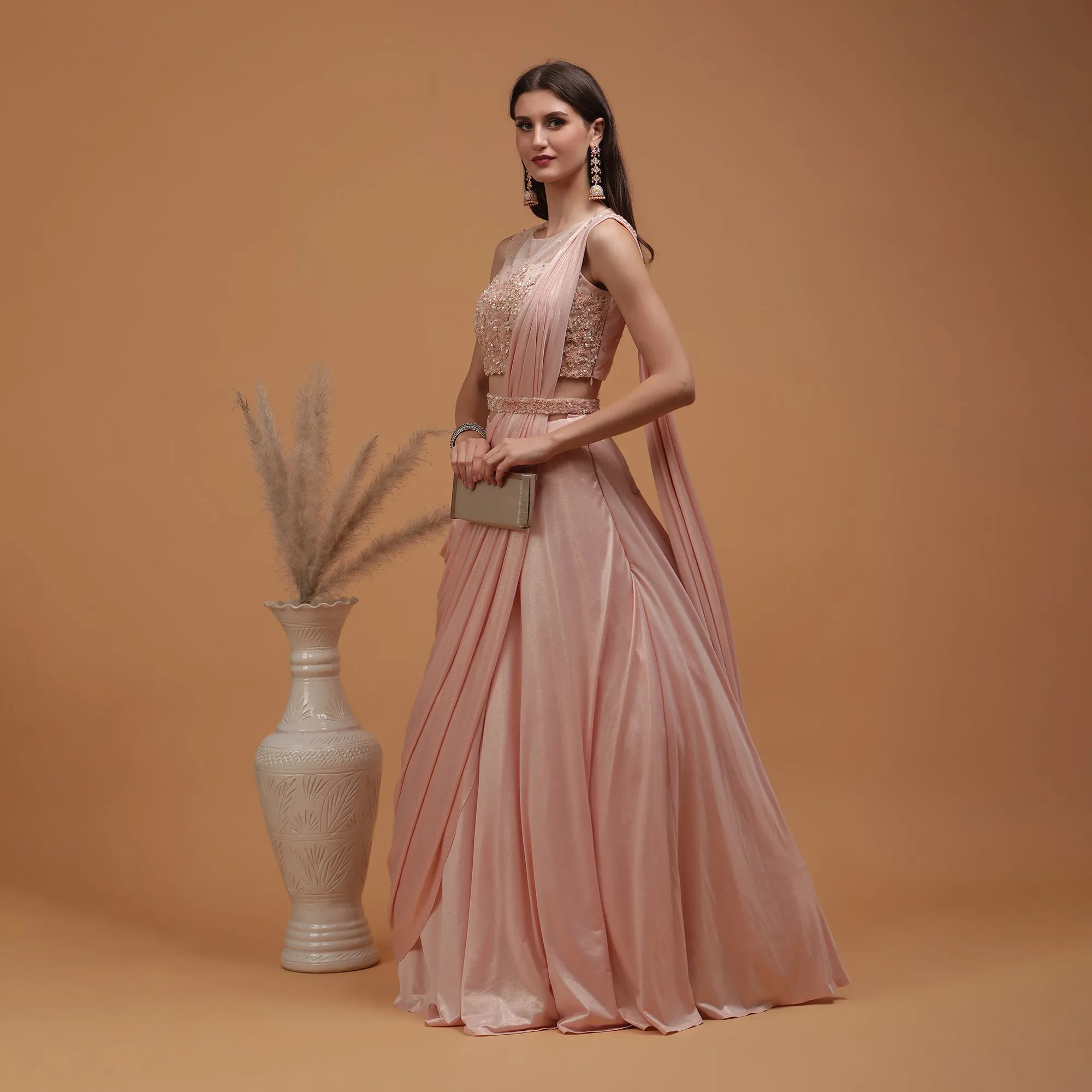 Pannkh Luxe Peach Embroidered Blouse with Drape Lehenga Set