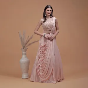 Pannkh Luxe Peach Embroidered Blouse with Drape Lehenga Set