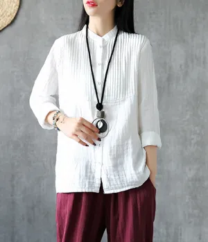 Pleated Chest Summer Women Casual Blouse Cotton Linen Shirts  Women Tops DZA2005248