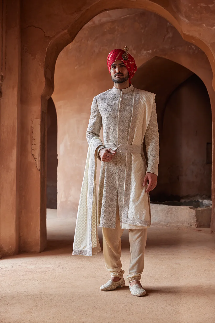 RAW SILK EMBROIDERED SHERWANI WITH MONGA TUSSAR KURTA AND CHURIDAR SET