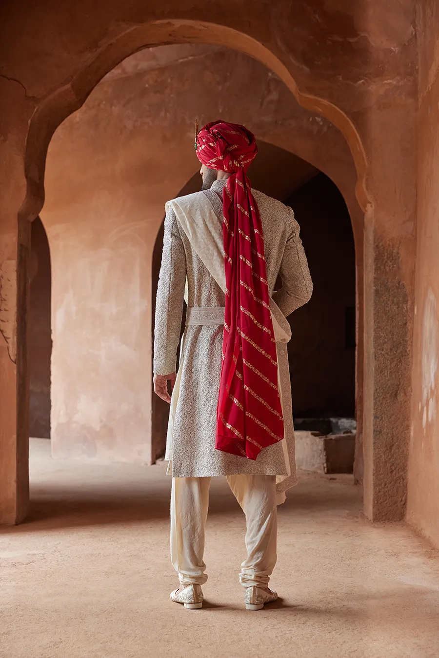 RAW SILK EMBROIDERED SHERWANI WITH MONGA TUSSAR KURTA AND CHURIDAR SET