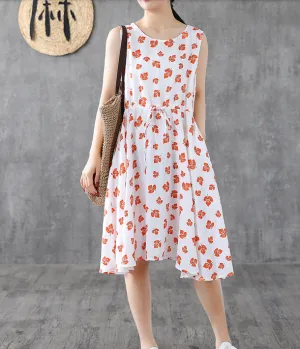 Red Floral Short Sleeve Summer Spring Linen Women Dresses DZA20665