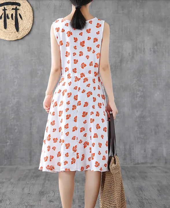 Red Floral Short Sleeve Summer Spring Linen Women Dresses DZA20665