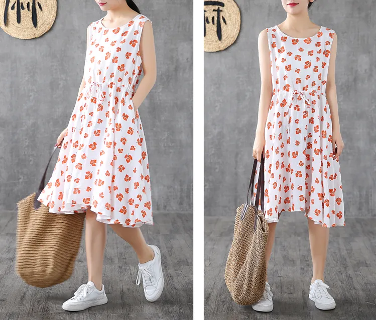 Red Floral Short Sleeve Summer Spring Linen Women Dresses DZA20665