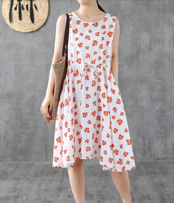 Red Floral Short Sleeve Summer Spring Linen Women Dresses DZA20665