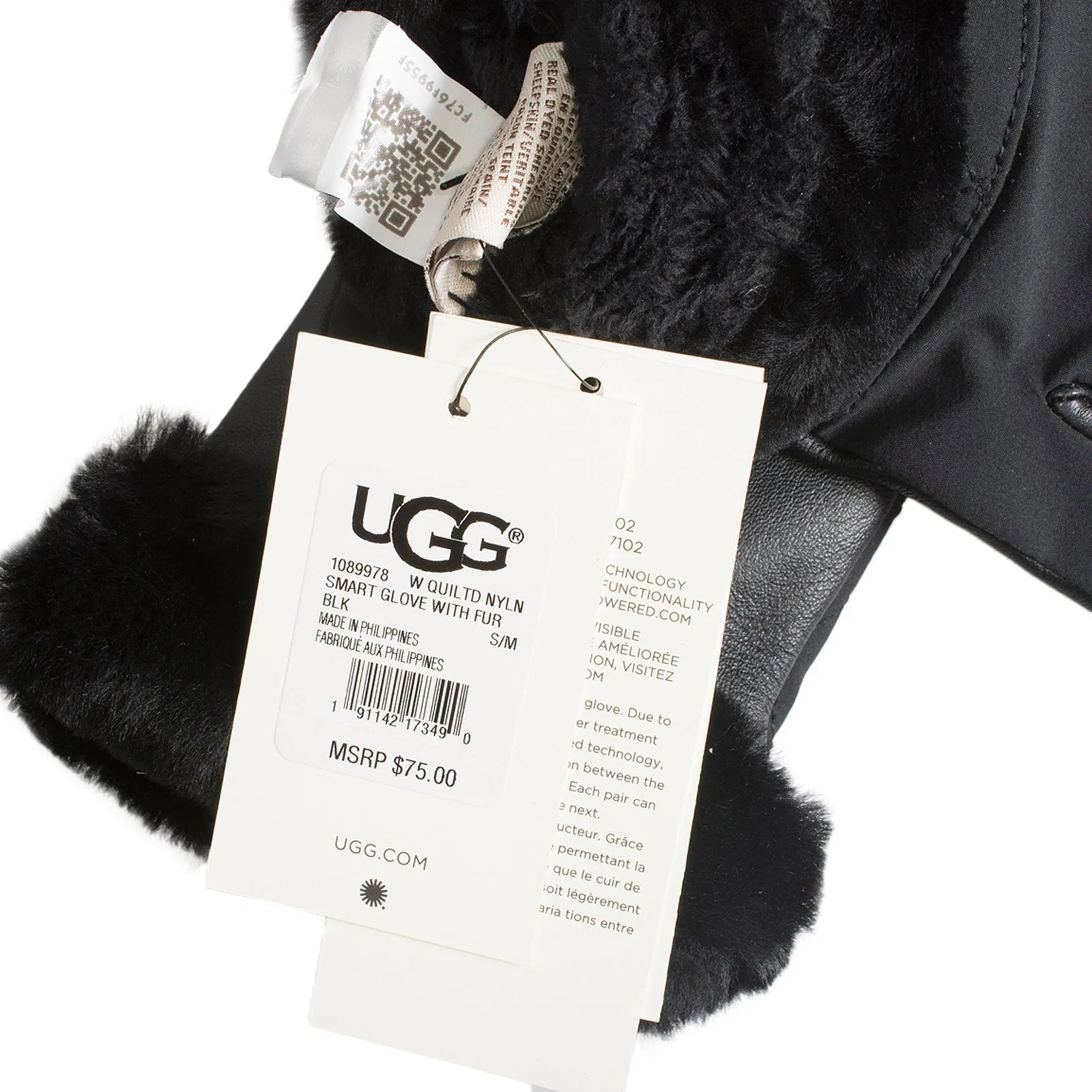 UGG Quilted Nylon Smart With Fur Black Gloves - Women's