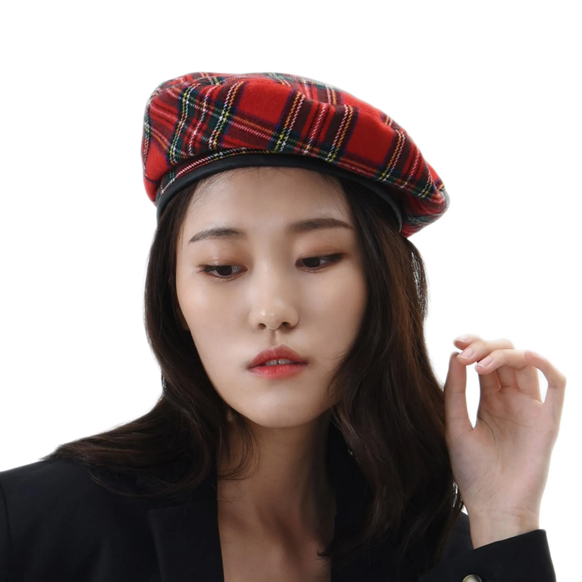 Wool Beret Hat Tartan Check Leather Sweatband KR9539